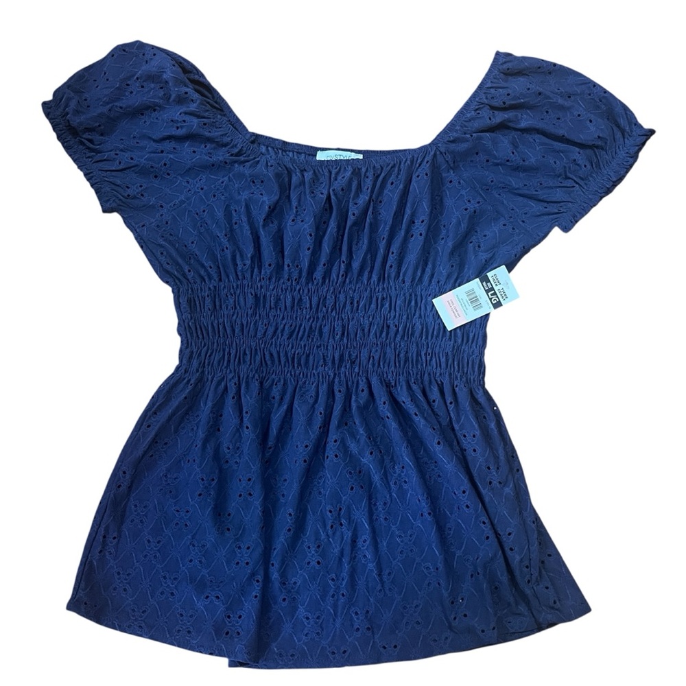 NWT • Women's Blue Smocked Babydoll Eyelet Top